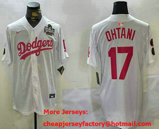 Men's Los Angeles Dodgers #17 Shohei Ohtani White Pink 2024 World Series Limited Cool Base Stitched Jersey