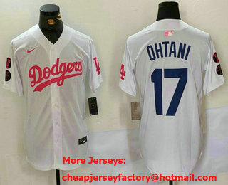 Men's Los Angeles Dodgers #17 Shohei Ohtani White Pink With Patch Limited Stitched Jersey