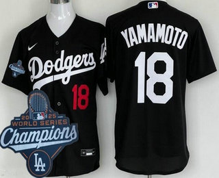 Men's Los Angeles Dodgers #18 Yoshinobu Yamamoto Black 2025 World Series Champions Cool Base Jersey