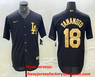 Men's Los Angeles Dodgers #18 Yoshinobu Yamamoto Black Gold Cool Base Stitched Jersey