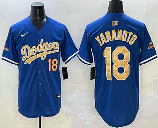 Men's Los Angeles Dodgers #18 Yoshinobu Yamamoto Blue 2025 Gold Collection Limited Stitched Jersey