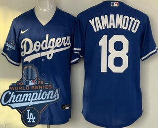 Men's Los Angeles Dodgers #18 Yoshinobu Yamamoto Blue 2025 World Series Champions Cool Base Jersey