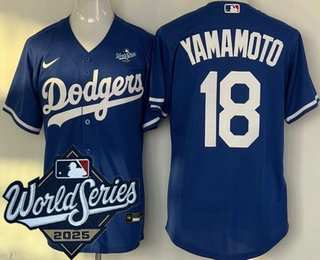 Men's Los Angeles Dodgers #18 Yoshinobu Yamamoto Blue 2025 World Series Cool Base Jersey