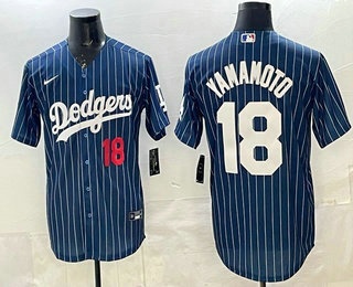 Men's Los Angeles Dodgers #18 Yoshinobu Yamamoto Blue Pinstripe Cool Base Stitched Jersey