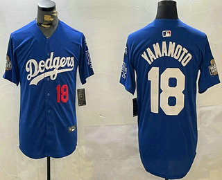 Men's Los Angeles Dodgers #18 Yoshinobu Yamamoto Number Blue 2024 World Series With Fernando 34 Fashion Limited Stitched Jersey