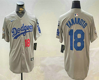 Men's Los Angeles Dodgers #18 Yoshinobu Yamamoto Number Grey 2024 World Series With Fernando 34 Fashion Limited Stitched Jersey