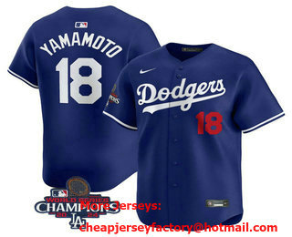 Men's Los Angeles Dodgers #18 Yoshinobu Yamamoto Number Royal 2024 World Series Champions Limited Stitched Jersey