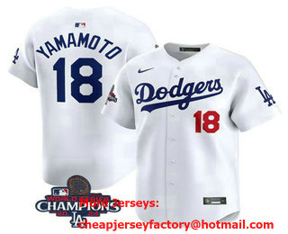 Men's Los Angeles Dodgers #18 Yoshinobu Yamamoto Number White 2024 World Series Champions Limited Stitched Jersey