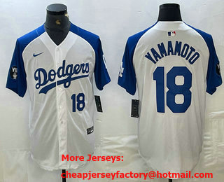 Men's Los Angeles Dodgers #18 Yoshinobu Yamamoto Number White Blue Fashion Stitched Cool Base Limited Jersey 11