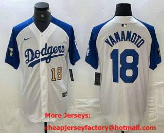 Men's Los Angeles Dodgers #18 Yoshinobu Yamamoto Number White Blue Fashion Stitched Cool Base Limited Jersey 12