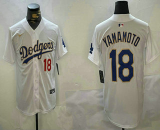 Men's Los Angeles Dodgers #18 Yoshinobu Yamamoto Number White Gold Cool Base Stitched Jersey