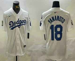 Men's Los Angeles Dodgers #18 Yoshinobu Yamamoto White 2024 World Series With Fernando 34 Fashion Limited Stitched Jersey