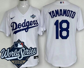 Men's Los Angeles Dodgers #18 Yoshinobu Yamamoto White 2025 World Series Cool Base Jersey