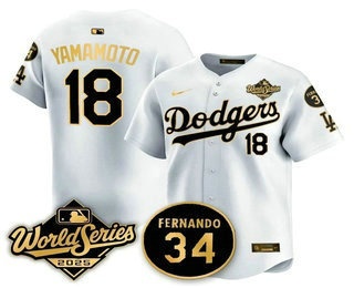 Men's Los Angeles Dodgers #18 Yoshinobu Yamamoto White Gold 2025 World Series Patch Limited Stitched Jersey
