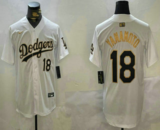 Men's Los Angeles Dodgers #18 Yoshinobu Yamamoto White Gold Stitched Limited Jersey