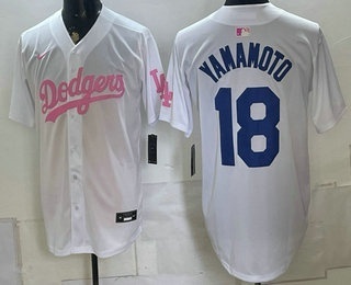 Men's Los Angeles Dodgers #18 Yoshinobu Yamamoto White Pink Limited Stitched Jersey