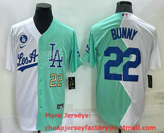Men's Los Angeles Dodgers #22 Bad Bunny White Green 2022 All Star Cool Base Stitched Baseball Jersey 01
