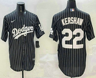 Men's Los Angeles Dodgers #22 Clayton Kershaw Black Pinstripe Cool Base Stitched Jersey