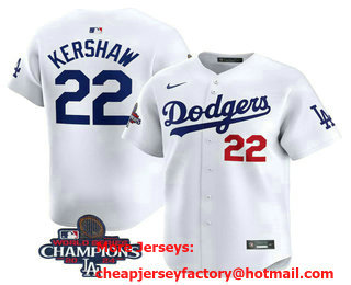 Men's Los Angeles Dodgers #22 Clayton Kershaw Number White 2024 World Series Champions Limited Stitched Jersey