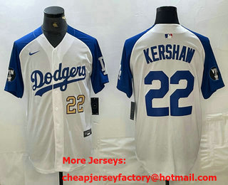Men's Los Angeles Dodgers #22 Clayton Kershaw Number White Blue Fashion Stitched Cool Base Limited Jersey 11