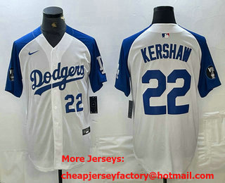 Men's Los Angeles Dodgers #22 Clayton Kershaw Number White Blue Fashion Stitched Cool Base Limited Jersey 12