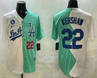 Men's Los Angeles Dodgers #22 Clayton Kershaw Number White Green 2022 Celebrity Softball Game Cool Base Jersey