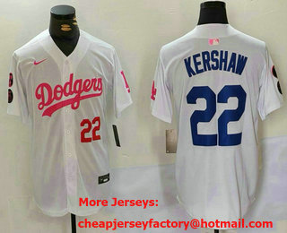 Men's Los Angeles Dodgers #22 Clayton Kershaw Number White Pink With Patch Limited Stitched Jersey