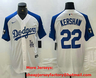 Men's Los Angeles Dodgers #22 Clayton Kershaw White Blue Fashion Stitched Cool Base Limited Jersey 11