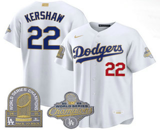 Men's Los Angeles Dodgers #22 Clayton Kershaw White Gold 9x Champs Collection Stadium Jersey