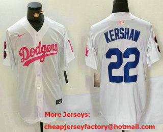 Men's Los Angeles Dodgers #22 Clayton Kershaw White Pink With Patch Limited Stitched Jersey