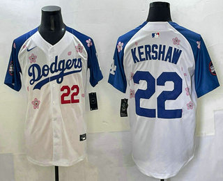 Men's Los Angeles Dodgers #22 Clayton Kershaw White Royal 2025 Tokyo Series Limited Stitched Jersey