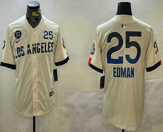 Men's Los Angeles Dodgers #25 Tommy Edman Cream 2024 World Series City Fernando 34 Patch Limited Stitched Jersey