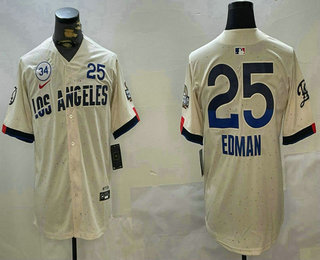 Men's Los Angeles Dodgers #25 Tommy Edman Cream 2024 World Series City Number 34 Patch Limited Stitched Jersey