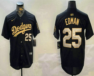 Men's Los Angeles Dodgers #25 Tommy Edman Number Black Gold Stitched Jersey