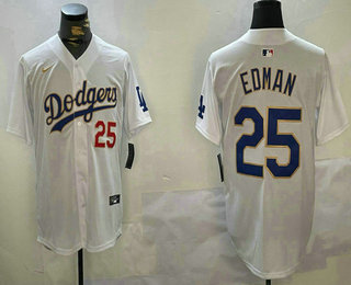 Men's Los Angeles Dodgers #25 Tommy Edman Number White Gold Cool Base Stitched Jersey