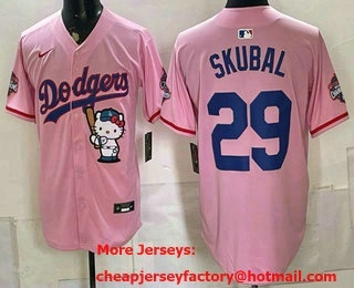 Men's Los Angeles Dodgers #29 Tarik Skubal Pink Hello Kitty Night 2025 World Series Champions Patch Stitched Jersey