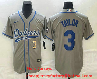 Men's Los Angeles Dodgers #3 Chris Taylor Number Grey With Patch Cool Base Stitched Baseball Jersey 01