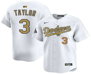 Men's Los Angeles Dodgers #3 Chris Taylor White 2025 Gold Collection Limited Jersey
