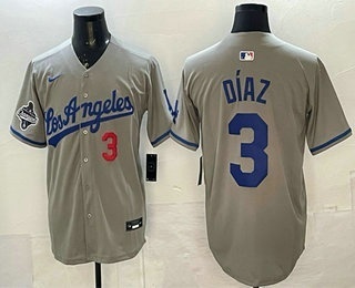 Men's Los Angeles Dodgers #3 Edwin Diaz Gray Alternate 2025 World Series Champions Patch Limited Stitched Jersey