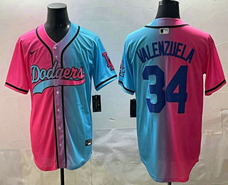 Men's Los Angeles Dodgers #34 Fernando Valenzuela Pink Blue Split Limited Baseball Jersey