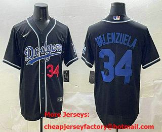Men's Los Angeles Dodgers #34 Fernando Valenzuela Black Blue Fashion Baseball Jersey