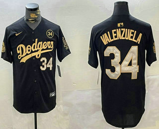 Men's Los Angeles Dodgers #34 Fernando Valenzuela Black Gold 2024 World Series 34 Patch Stitched Cool Base Jersey