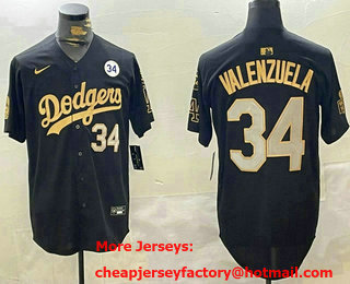 Men's Los Angeles Dodgers #34 Fernando Valenzuela Black Gold 2024 World Series Number 34 Patch Stitched Jersey