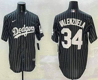 Men's Los Angeles Dodgers #34 Fernando Valenzuela Black Pinstripe Cool Base Stitched Jersey