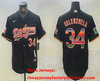 Men's Los Angeles Dodgers #34 Fernando Valenzuela Black Rainbow Mexico Cool Base Stitched Fashion Jersey
