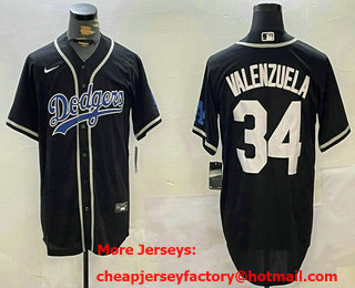 Men's Los Angeles Dodgers #34 Fernando Valenzuela Black With Patch Cool Base Stitched Baseball Jersey 001
