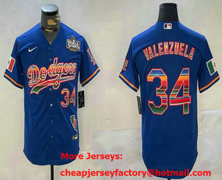 Men's Los Angeles Dodgers #34 Fernando Valenzuela Blue Rainbow Mexico 2024 World Series Cool Base Stitched Jersey