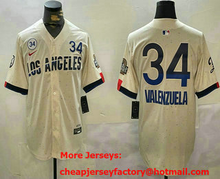Men's Los Angeles Dodgers #34 Fernando Valenzuela Cream 2024 World Series City Number 34 Patch Limited Stitched Jersey