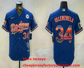 Men's Los Angeles Dodgers #34 Fernando Valenzuela Number Blue Rainbow Mexico 34 Patch Cool Base Stitched Jersey