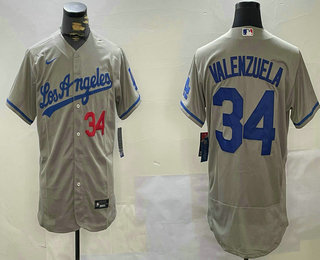 Men's Los Angeles Dodgers #34 Fernando Valenzuela Number Grey With los Flex Base Stitched Jersey